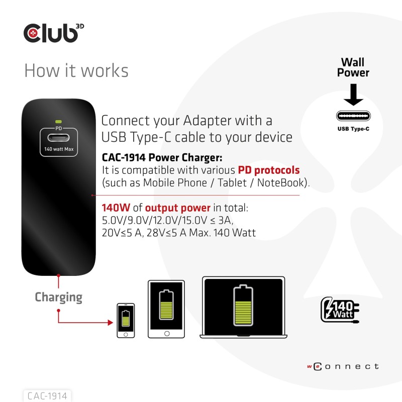 CLUB3D CAC-1914 Caricabatterie per dispositivi mobili Monitor video per bambino, Regolabarba, Videocamera, Fotocamera, Comandi