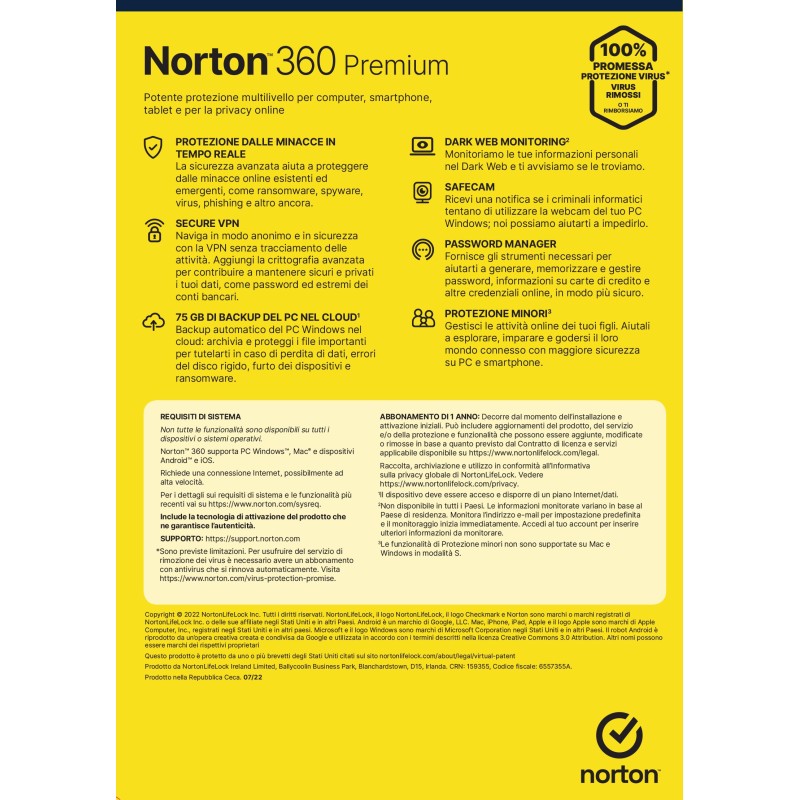 NortonLifeLock Norton 360 Premium 2024 | Antivirus per 10 dispositivi | Licenza di 1 anno | Secure VPN e Password Manager | PC,