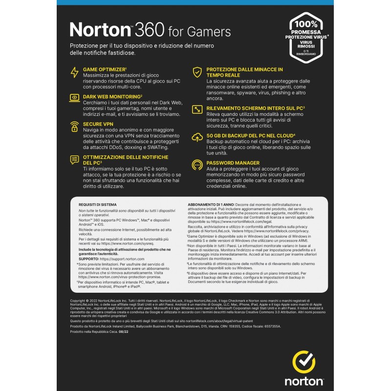 NortonLifeLock Norton 360 for Gamers 2024 | Antivirus per 3 Dispositivi | Licenza di 1 anno | PC, Mac, tablet e smartphone