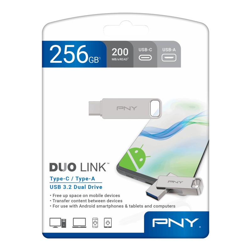 PNY DUO LINK unità flash USB 256 GB USB Type-A   USB Type-C 3.2 Gen 1 (3.1 Gen 1) Acciaio inossidabile