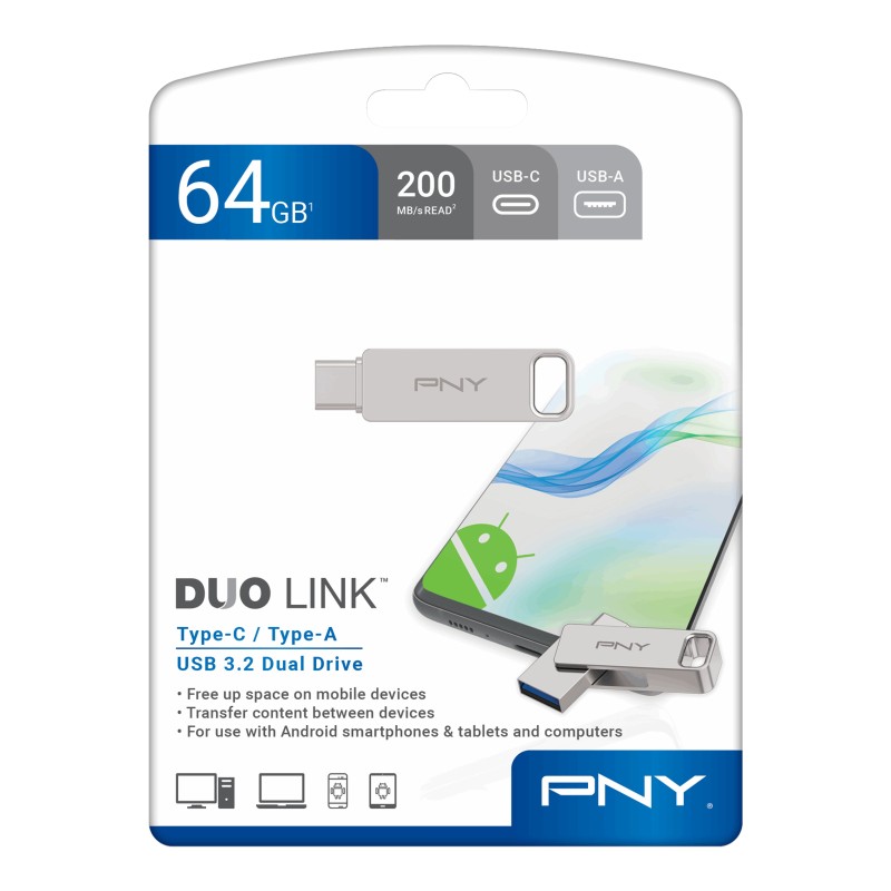 PNY DUO LINK unità flash USB 64 GB USB Type-A   USB Type-C 3.2 Gen 1 (3.1 Gen 1) Acciaio inossidabile