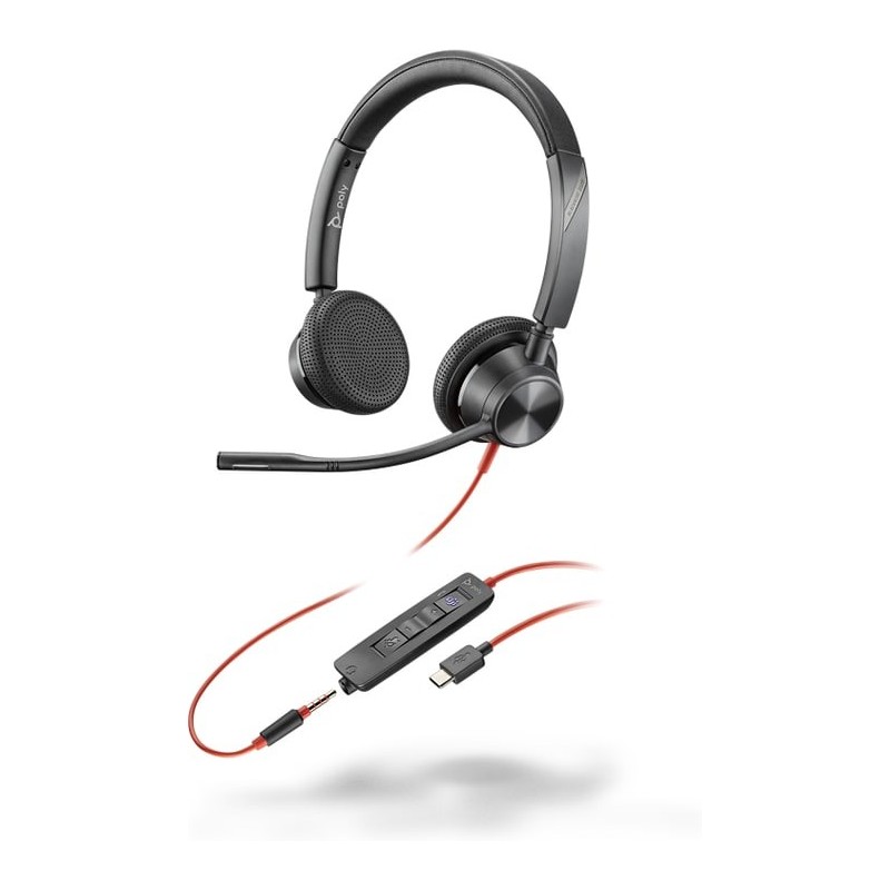 POLY Cuffie stereo Blackwire 3325 con connettore USB-C, certificate per Microsoft Teams + spina da 3,5 mm + adattatore USB-C A