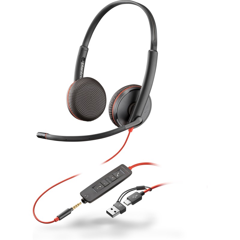 POLY Cuffie stereo Blackwire 3225 con connettore USB-C + spina da 3,5 mm + adattatore USB-C A