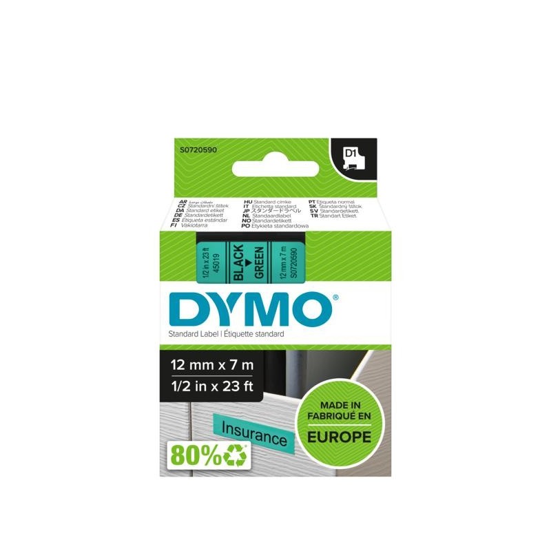 DYMO D1 - Standard Etichette - Nero su verde - 12mm x 7m