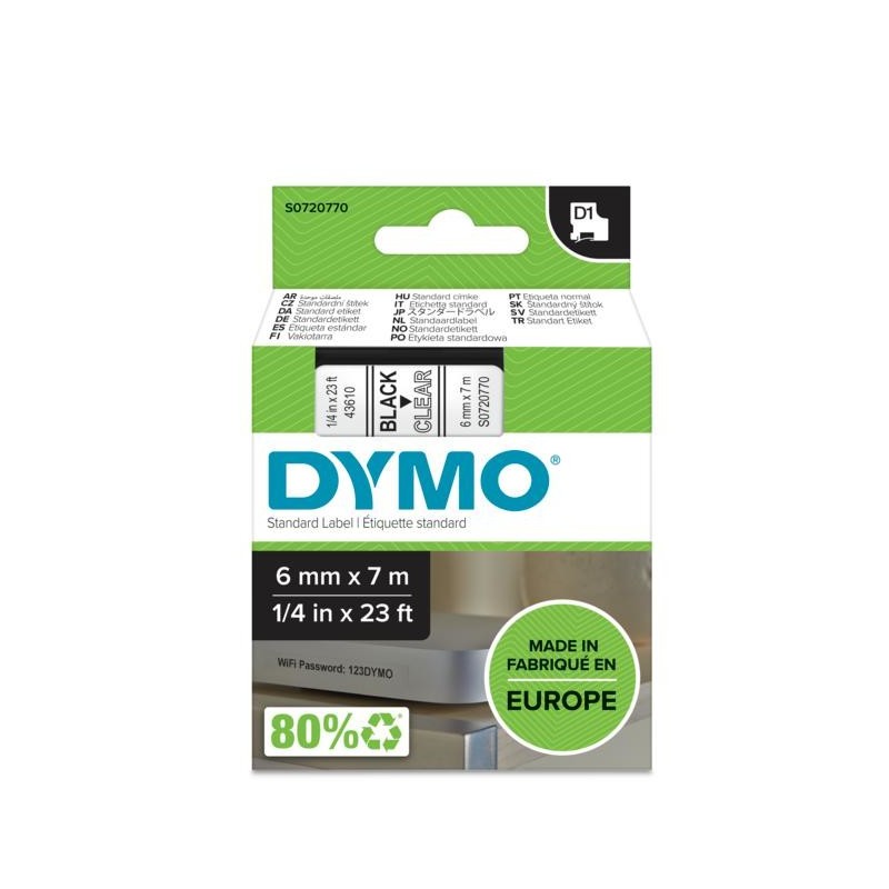 DYMO D1 - Standard Etichette - Nero su trasparente - 6mm x 7m