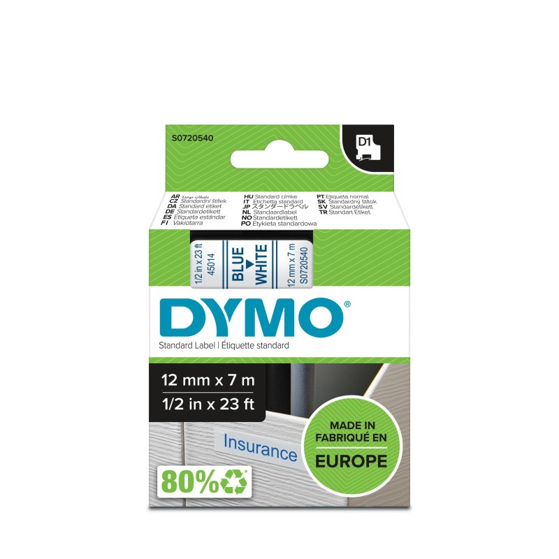 DYMO D1 - Standard Etichette - Blu su bianco- 12mm x 7m