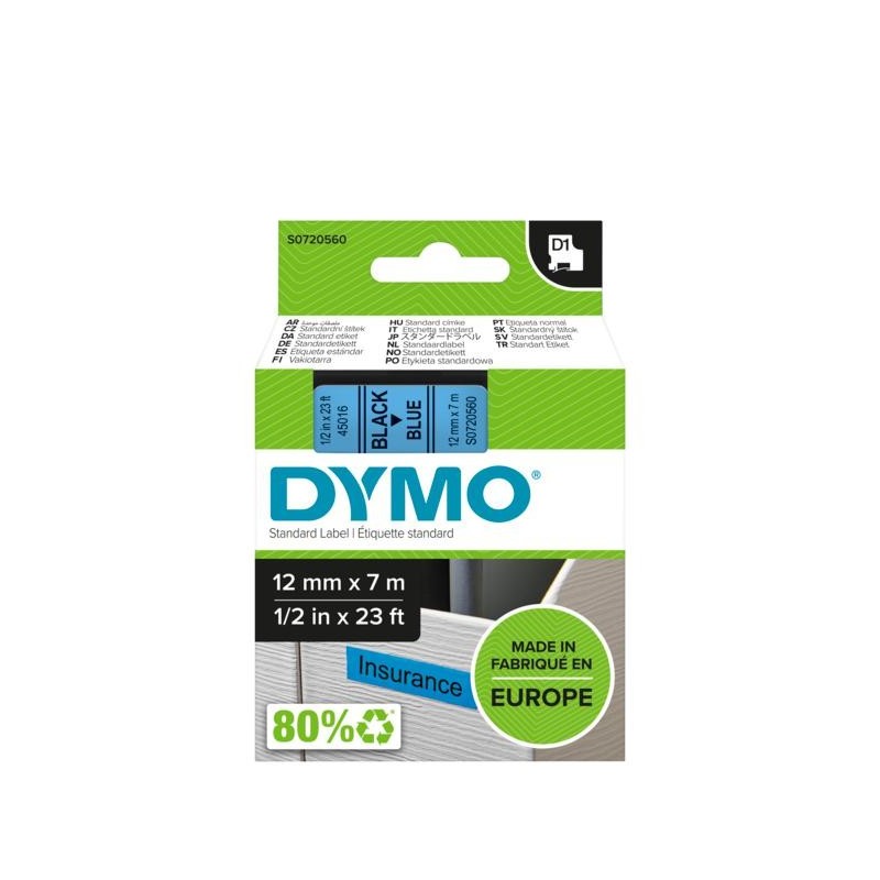 DYMO D1 - Standard Etichette - Nero su blu - 12mm x 7m