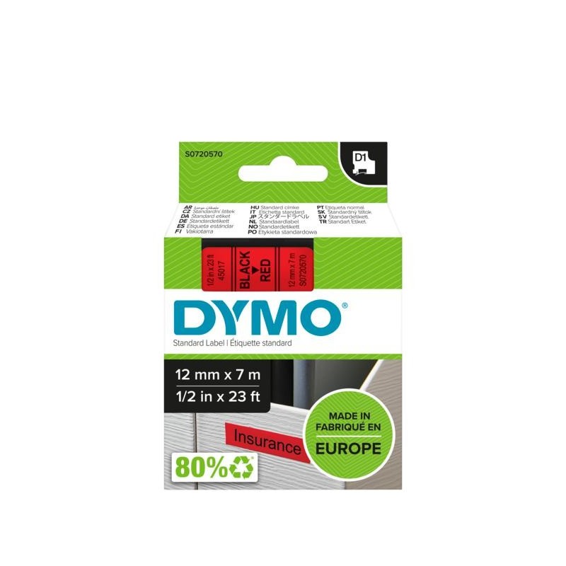 DYMO D1 - Standard Etichette - Nero su rosso - 12mm x 7m