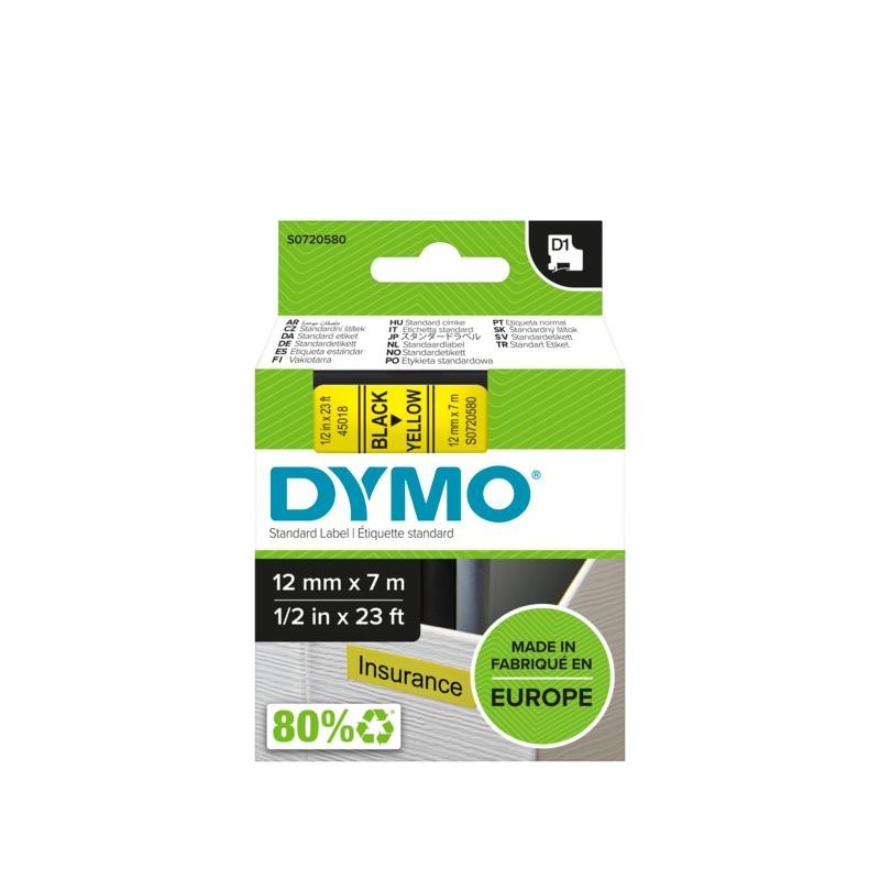 DYMO D1 - Standard Etichette - Nero su giallo - 12mm x 7m