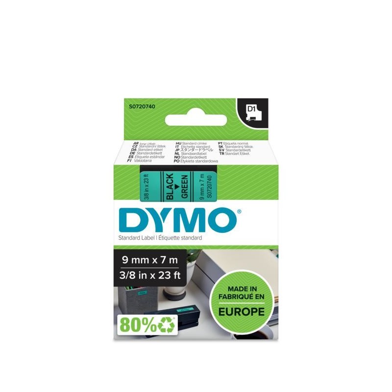 DYMO D1 - Standard Etichette - Nero su verde - 9mm x 7m