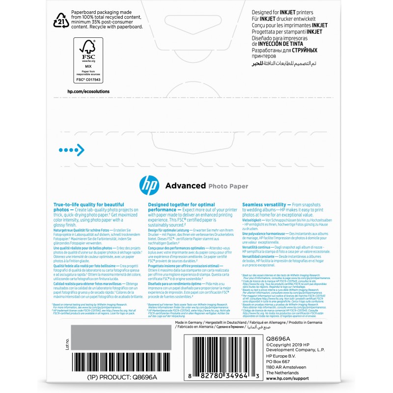 HP Carta fotografica Advanced, lucida, 250 g m2, 13" x 18" (127 x 178 mm), 25 fogli