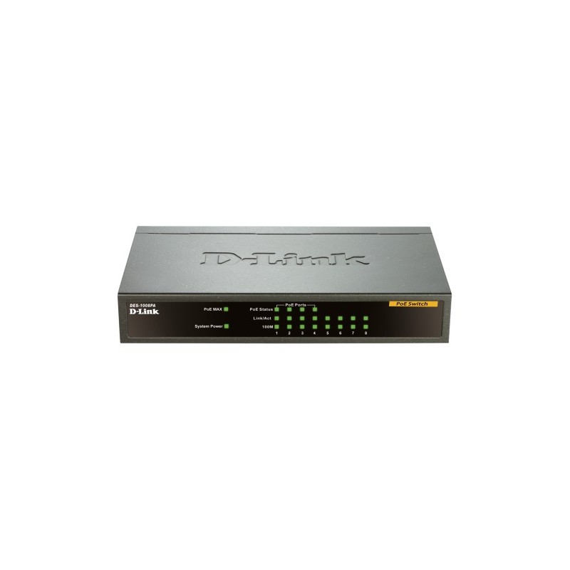 D-Link DES-1008PA switch di rete Non gestito Fast Ethernet (10 100) Supporto Power over Ethernet (PoE) Nero