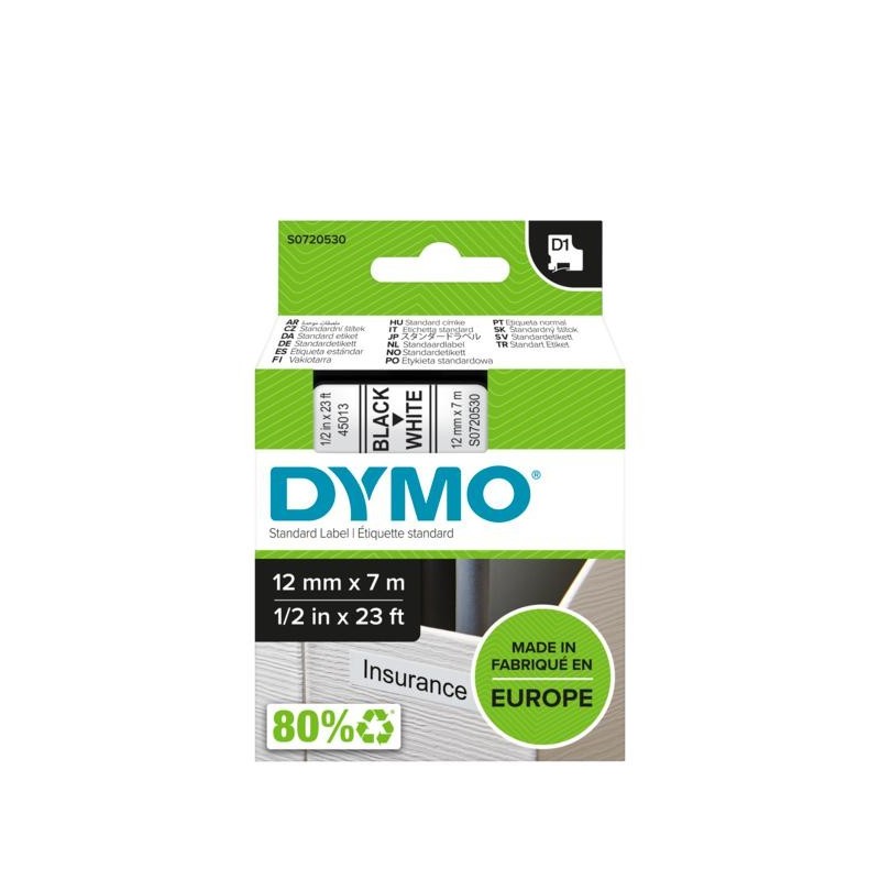 DYMO D1 - Standard Etichette - Nero su bianco - 12mm x 7m