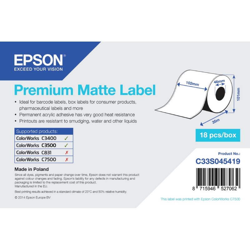 Epson Premium Matte Label - Continuous Roll  102mm x 35m