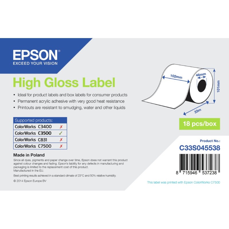 Epson High Gloss Label - Continuous Roll  102mm x 33m