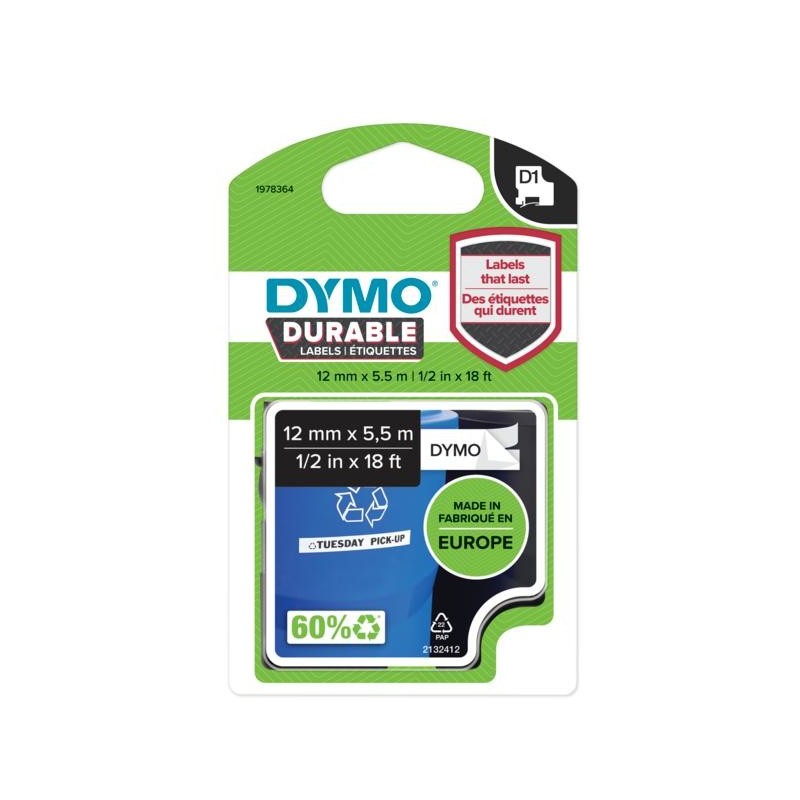 DYMO D1 - Durable Etichette - Nero su bianco - 12mm x 5.5m