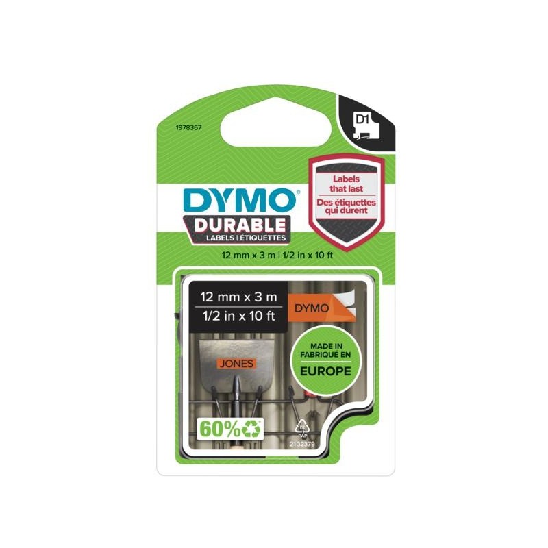 DYMO D1 - Durable Etichette - nero su arancio - 12mm x 3m