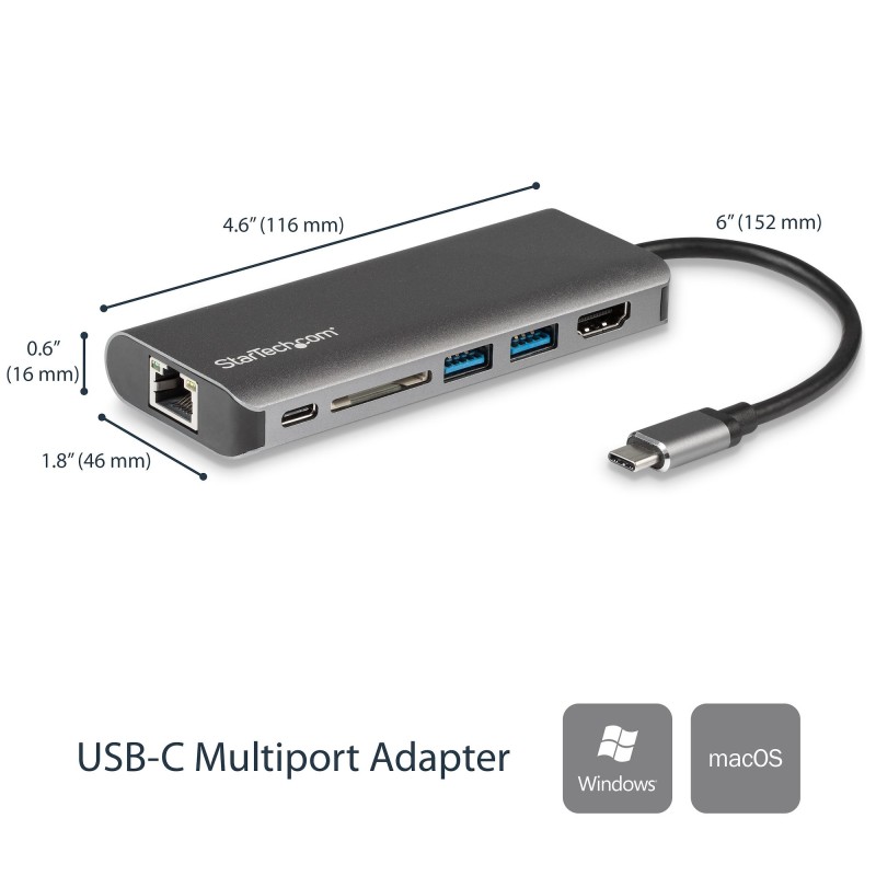 StarTech.com Adattatore Multiporta USB C, Dock USB-C Portatile con HDMI 4K, Hub 3x USB 3.0, SD SDHC, GbE, PD 60 W Pass-Through