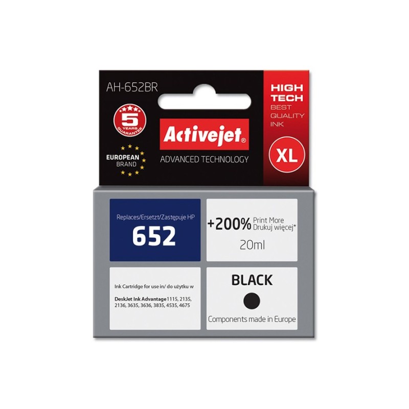 Activejet Inchiostro AH-652BR (ricambio HP 652 F6V25AE Premium 20 ml nero)