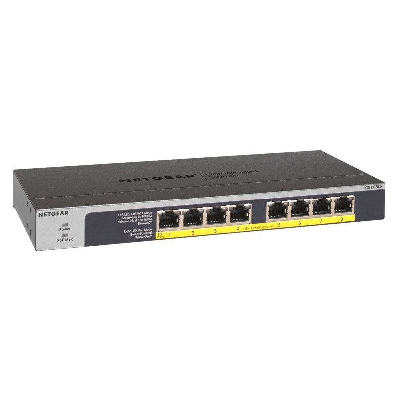 NETGEAR GS108LP Non gestito Gigabit Ethernet (10 100 1000) Supporto Power over Ethernet (PoE) 1U Nero, Grigio