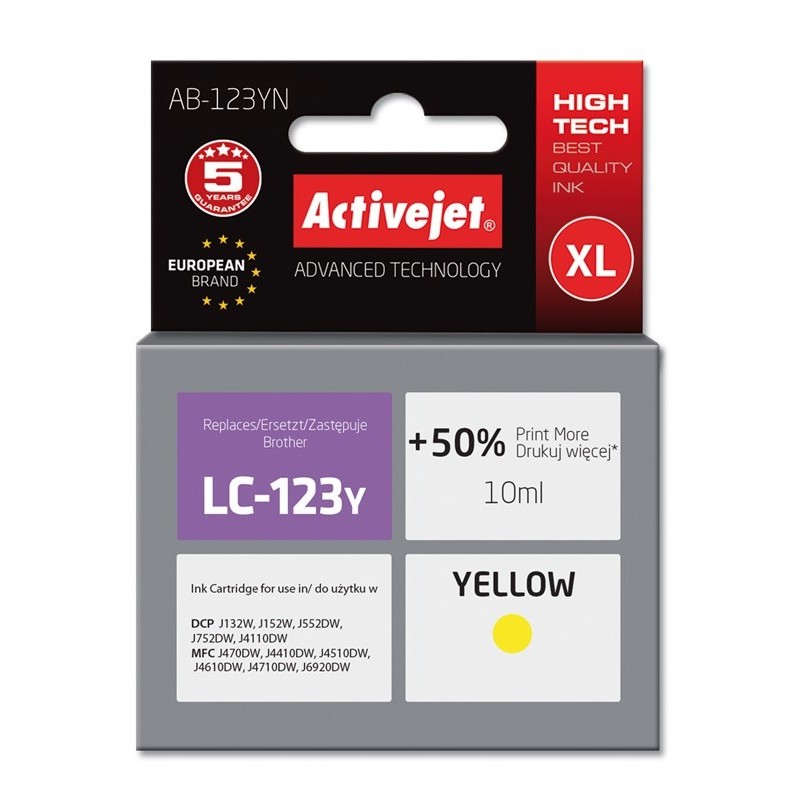 Activejet AB-123YN cartuccia d'inchiostro 1 pz Compatibile Resa elevata (XL) Giallo