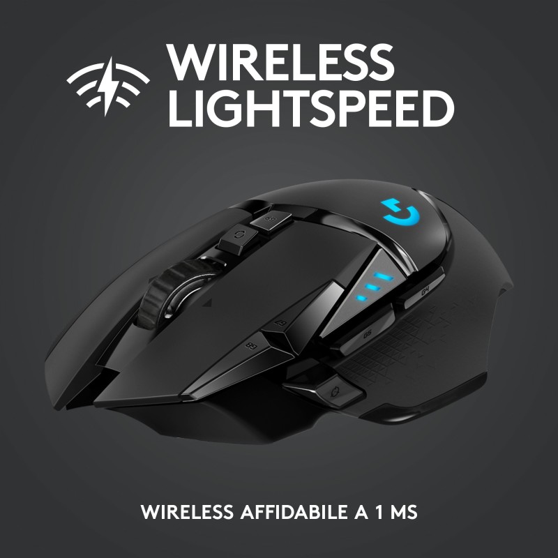 Logitech G Logitech G502 Mouse Gaming Wireless LIGHTSPEED, Sensore HERO 25K, 25600 DPI, RGB, Design Leggero, 11 Pulsanti