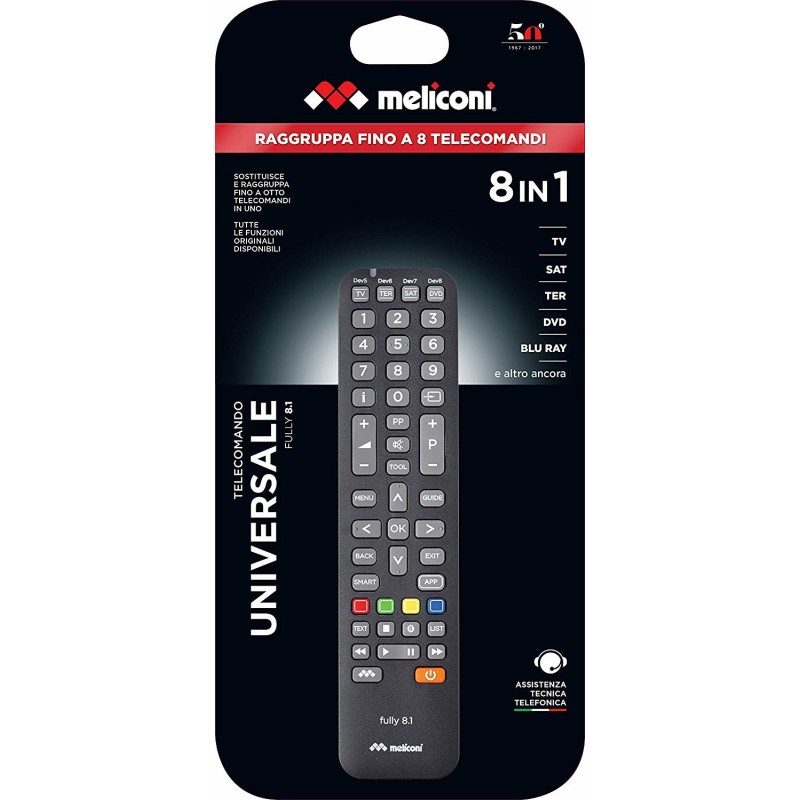 Meliconi Fully 8.1 telecomando IR Wireless Audio, DVD Blu-ray, Sky, TV, Sintonizzatore TV Pulsanti