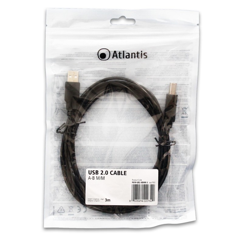 Atlantis Land P019-UB2-ABMM-3 cavo USB 3 m USB 2.0 USB A USB B Nero