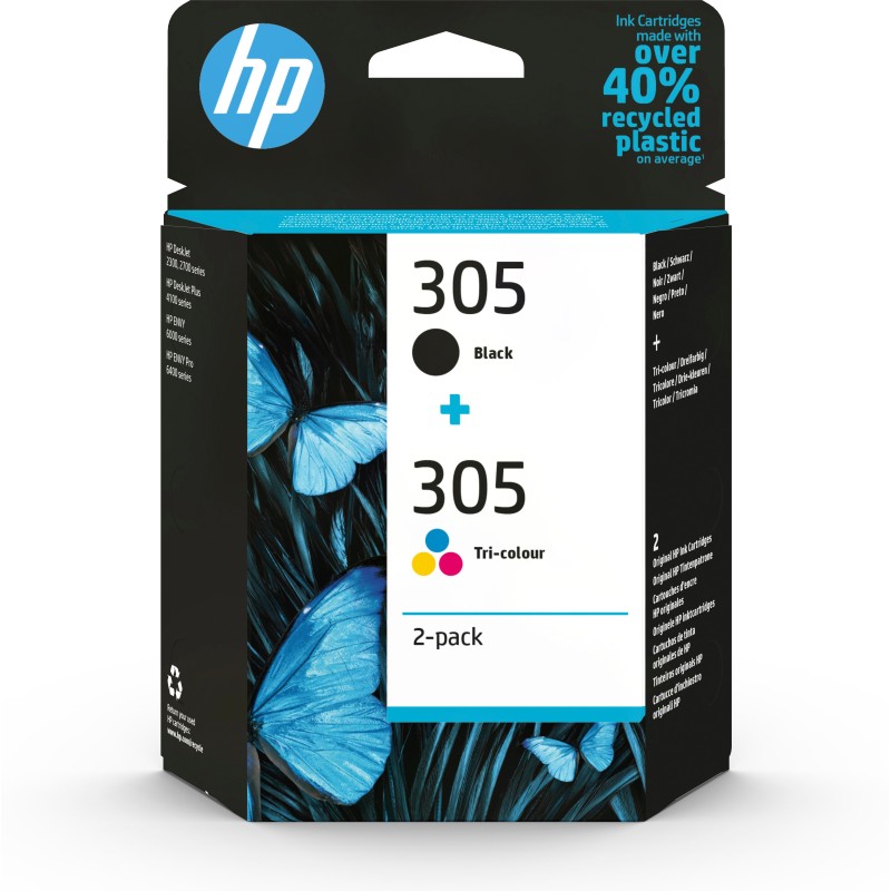 HP 305 2-Pack Tri-color Black Original Ink Cartridge cartuccia d'inchiostro 2 pz Originale Resa standard Nero, Ciano, Magenta,