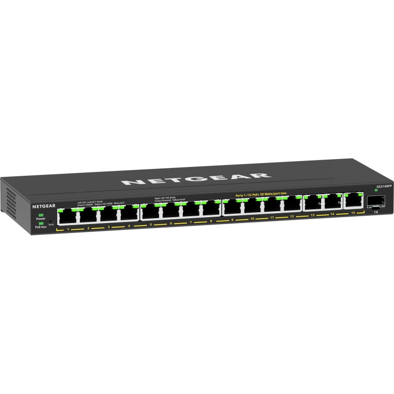 NETGEAR 16-Port High-Power PoE+ Gigabit Ethernet Plus Switch (231W) with 1 SFP port (GS316EPP) Gestito Gigabit Ethernet