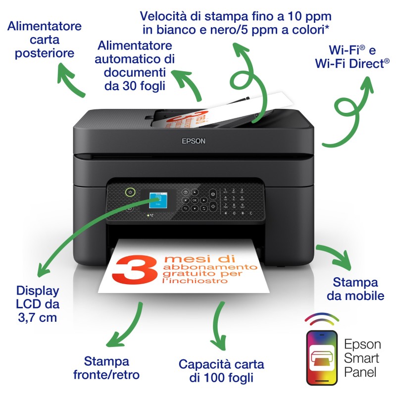 Epson WorkForce WF-2930DWF stampante multifunzione A4 getto d'inchiostro (stampa, scansione, copia), display LCD 3.7cm, ADF,