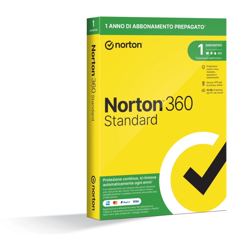 NortonLifeLock Norton 360 Standard 2024| Antivirus per 1 dispositivo | Licenza di 1 anno con rinnovo automatico | Secure VPN e