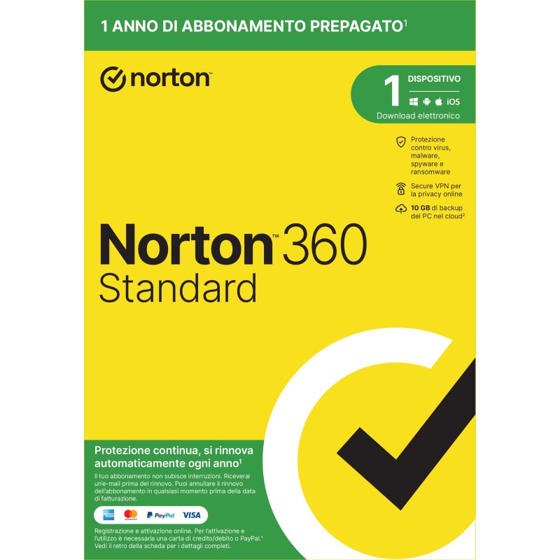 NortonLifeLock Norton 360 Standard 2024| Antivirus per 1 dispositivo | Licenza di 1 anno con rinnovo automatico | Secure VPN e