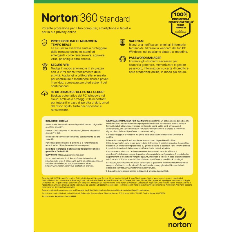 NortonLifeLock Norton 360 Standard 2024| Antivirus per 1 dispositivo | Licenza di 1 anno con rinnovo automatico | Secure VPN e