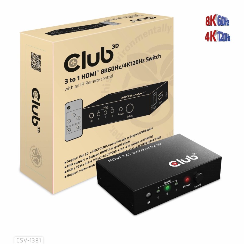 CLUB3D 3 to 1 HDMI 8K60Hz Switch switch per keyboard-video-mouse (kvm) Nero