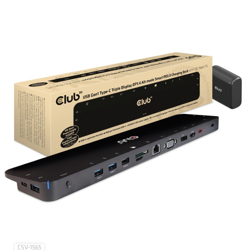 CLUB3D USB Gen1 Type-C Triple Display DP1.4 Alt mode Smart PD3.0 Charging Dock with 100 Watt Power Supply