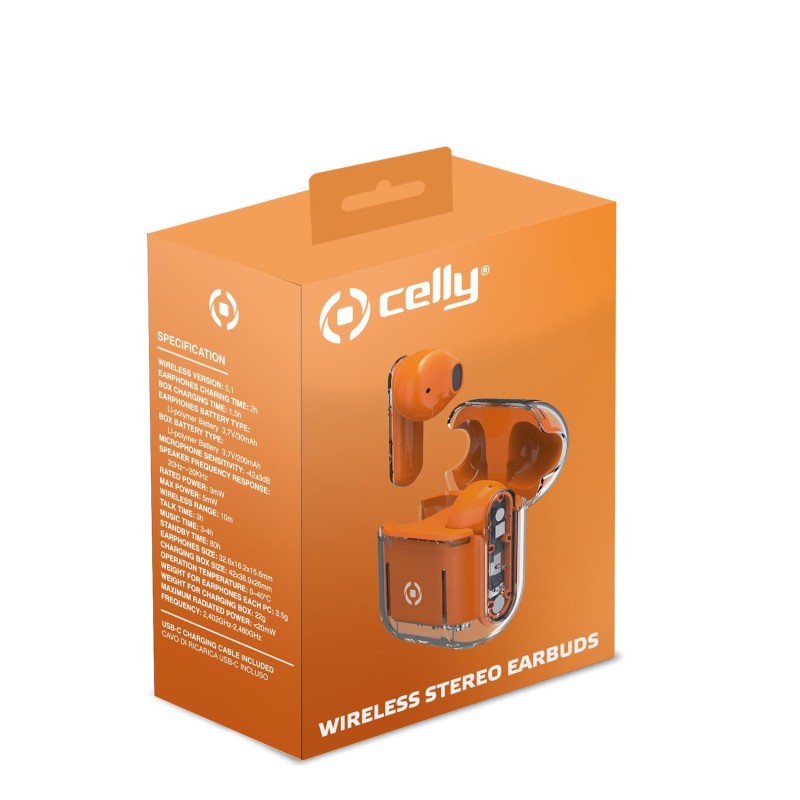 Celly SHEER Auricolare True Wireless Stereo (TWS) In-ear Musica e Chiamate Arancione, Trasparente