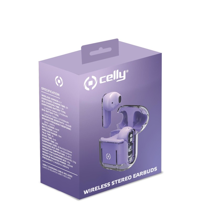 Celly SHEER Auricolare True Wireless Stereo (TWS) In-ear Musica e Chiamate Trasparente, Viola