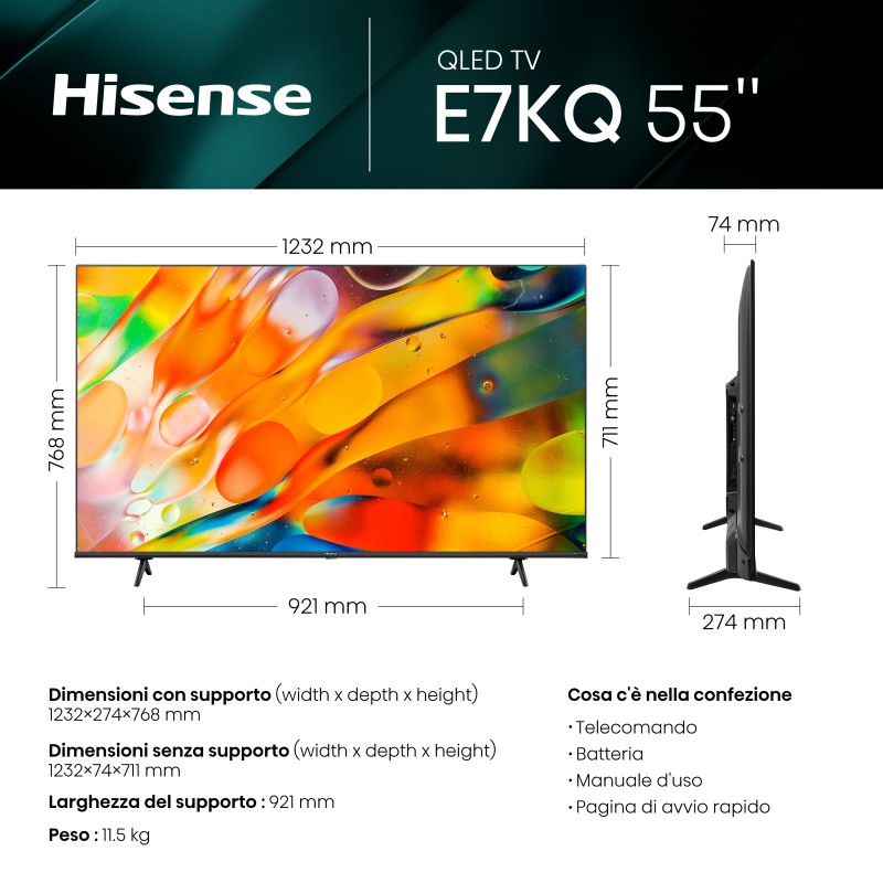 Hisense TV QLED Ultra HD 4K 55” 55E7KQ Smart TV, Wifi, HDR Dolby Vision, Quantum Dot Colour, Retroilluminazione DLED, Game Mode