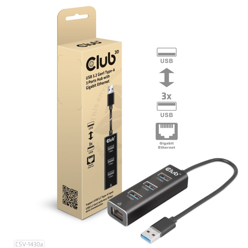 CLUB3D USB 3.2 Gen1 Type-A, 3 Ports Hub with Gigabit Ethernet