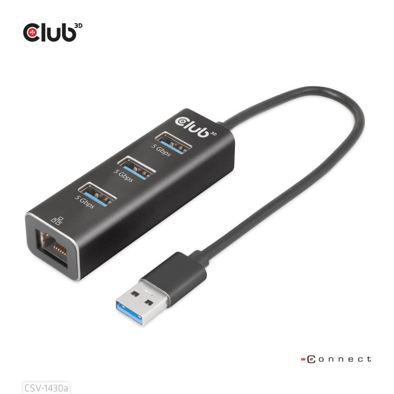 CLUB3D USB 3.2 Gen1 Type-A, 3 Ports Hub with Gigabit Ethernet