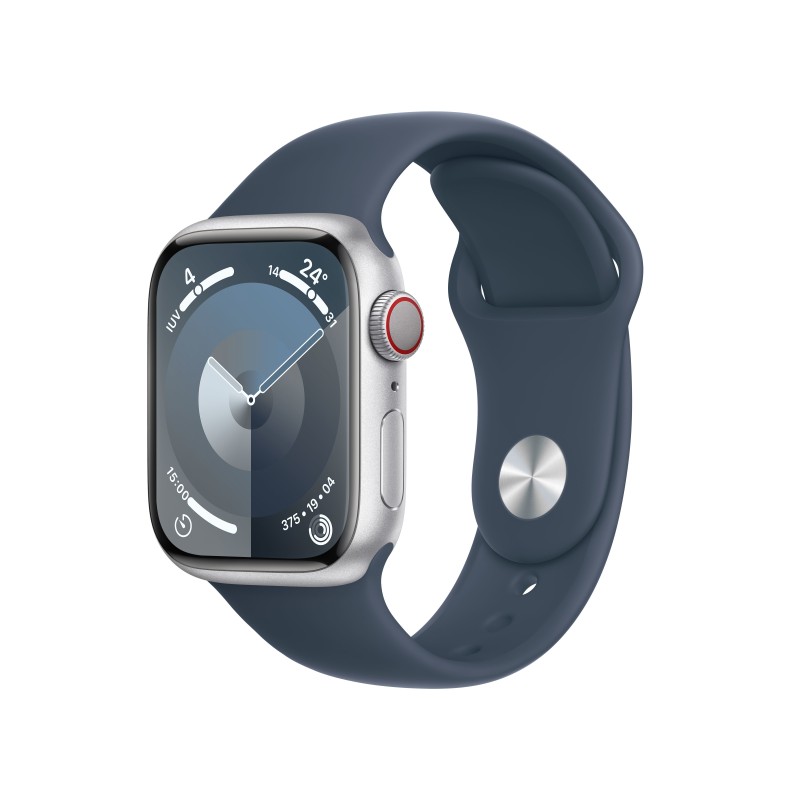 Apple Watch Series 9 GPS + Cellular Cassa 41mm in Alluminio Argento con Cinturino Sport Blu Tempesta - S M