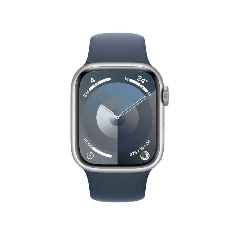 Apple Watch Series 9 GPS + Cellular Cassa 41mm in Alluminio Argento con Cinturino Sport Blu Tempesta - S M