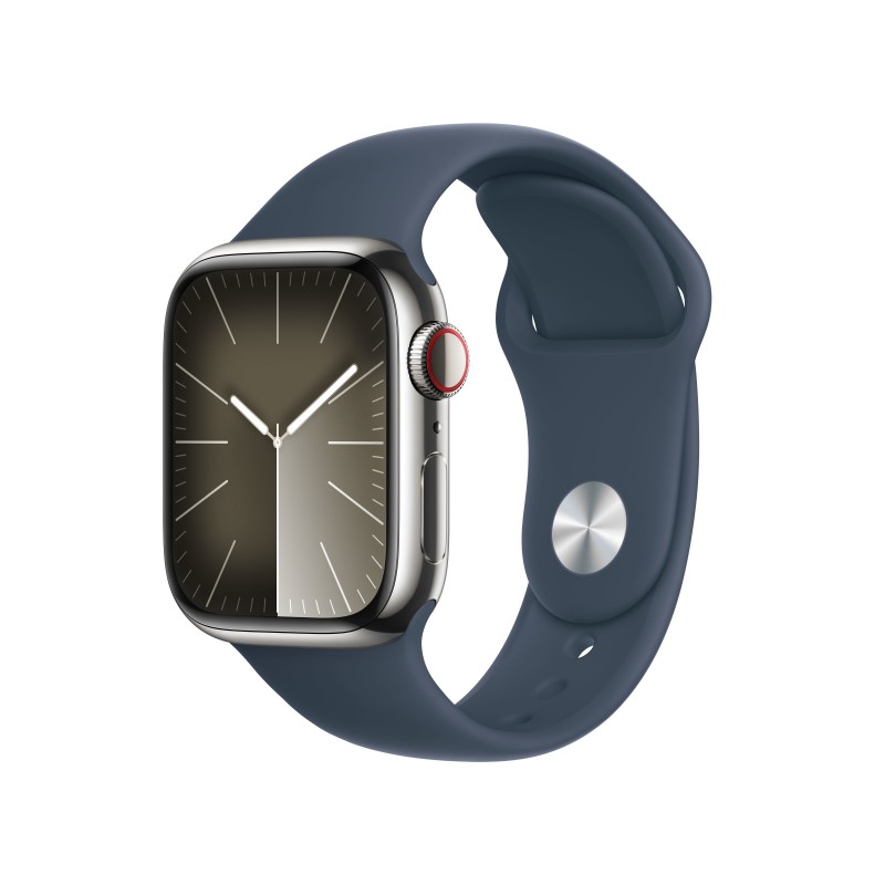 Apple Watch Series 9 GPS + Cellular Cassa 41mm in Acciaio inossidabile con Cinturino Sport Blu Tempesta - S M