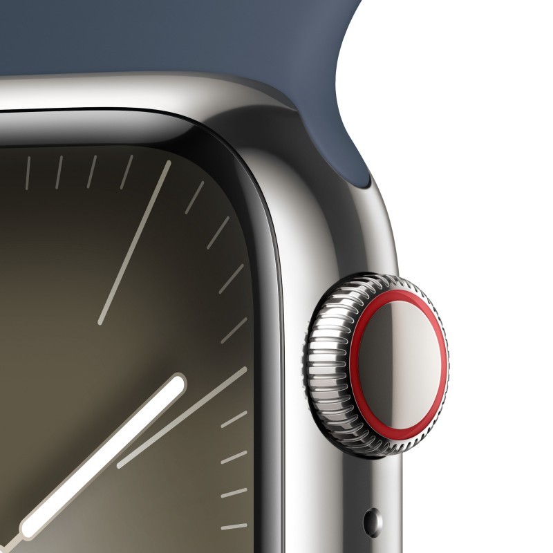 Apple Watch Series 9 GPS + Cellular Cassa 41mm in Acciaio inossidabile con Cinturino Sport Blu Tempesta - M L