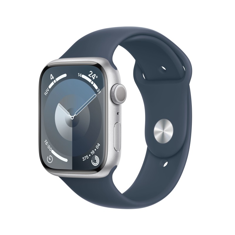 Apple Watch Series 9 GPS Cassa 45mm in Alluminio Argento con Cinturino Sport Blu Tempesta - S M