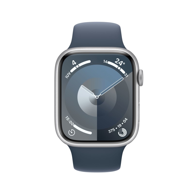 Apple Watch Series 9 GPS Cassa 45mm in Alluminio Argento con Cinturino Sport Blu Tempesta - S M