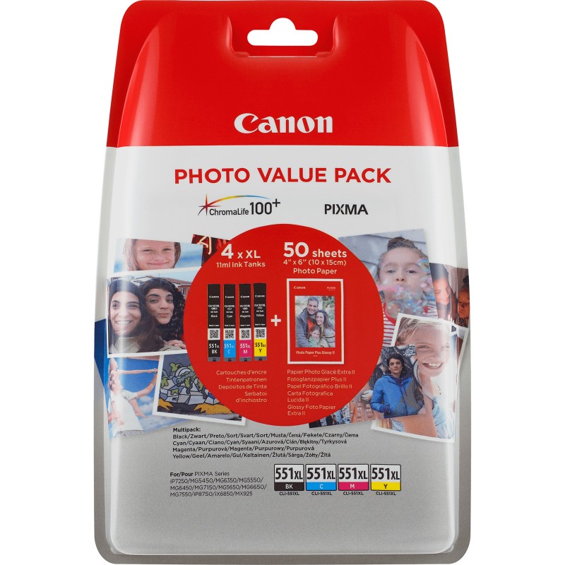 Canon Confezione multipla di cartucce d'inchiostro a resa elevata per foto CLI-551XL BK C M Y