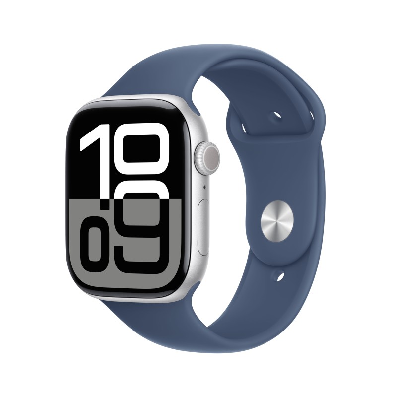 Apple Watch Series 10 Serie 10 GPS 46mm Cassa in Alluminio Color Argento con Denim Sport Band - S M